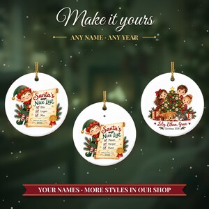 Nice List Ornament Christmas 2026, Santa's Nice List Siblings Names Keepsake, Elf Scroll Custom Kids Gift, Grandkids Ceramic Tree Decor image 3