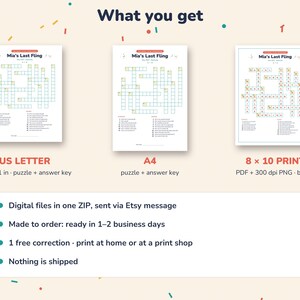 May include: A digital crossword puzzle titled Mia's Last Fling, presented in three formats: US Letter 8.5 x 11 inches, A4, and 8 x 10 inch print. Each version includes a puzzle grid and answer key, with the 8 x 10 print provided as a PDF and 300 dpi PNG.
