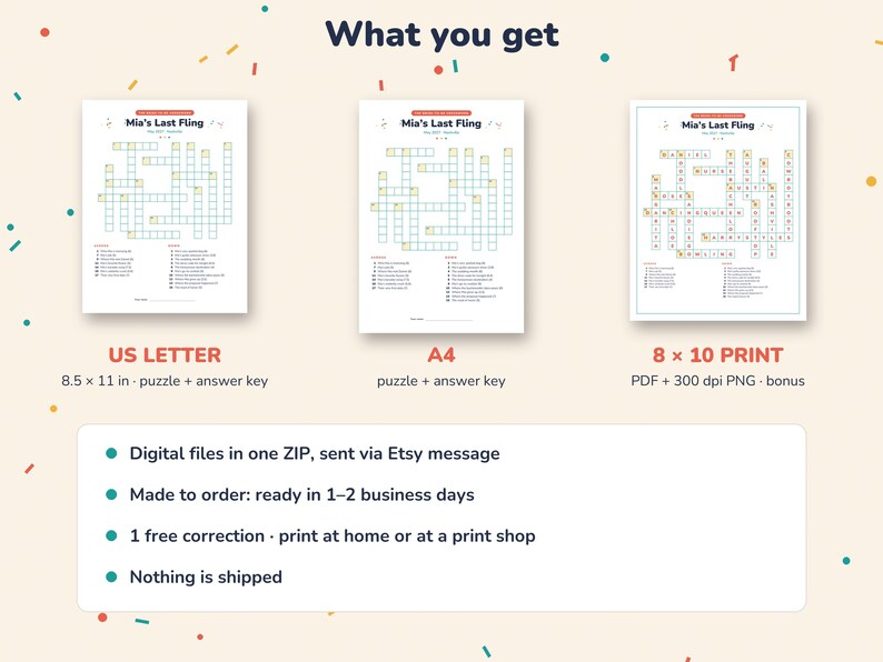 May include: A digital crossword puzzle titled Mia's Last Fling, presented in three formats: US Letter 8.5 x 11 inches, A4, and 8 x 10 inch print. Each version includes a puzzle grid and answer key, with the 8 x 10 print provided as a PDF and 300 dpi PNG.