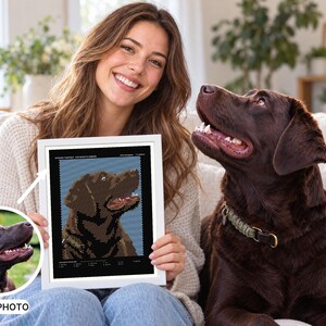 K&ouml;nnte beinhalten: Ein gerahmtes Portr&auml;t mit einer verpixelten Mosaikillustration eines schokoladenfarbenen Labrador Retrievers. Das Kunstwerk zeigt einen braunen Hund vor blauem Hintergrund mit Text oben und unten. Ein kreisf&ouml;rmiger Einschub zeigt das Originalfoto.