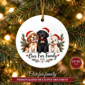 Dog Ornament 2026, Three Dogs in Santa Hats Christmas Ornament with Names, Dog Mom Gift, Dog Lover Gift, Multiple Pets Keepsake image 1