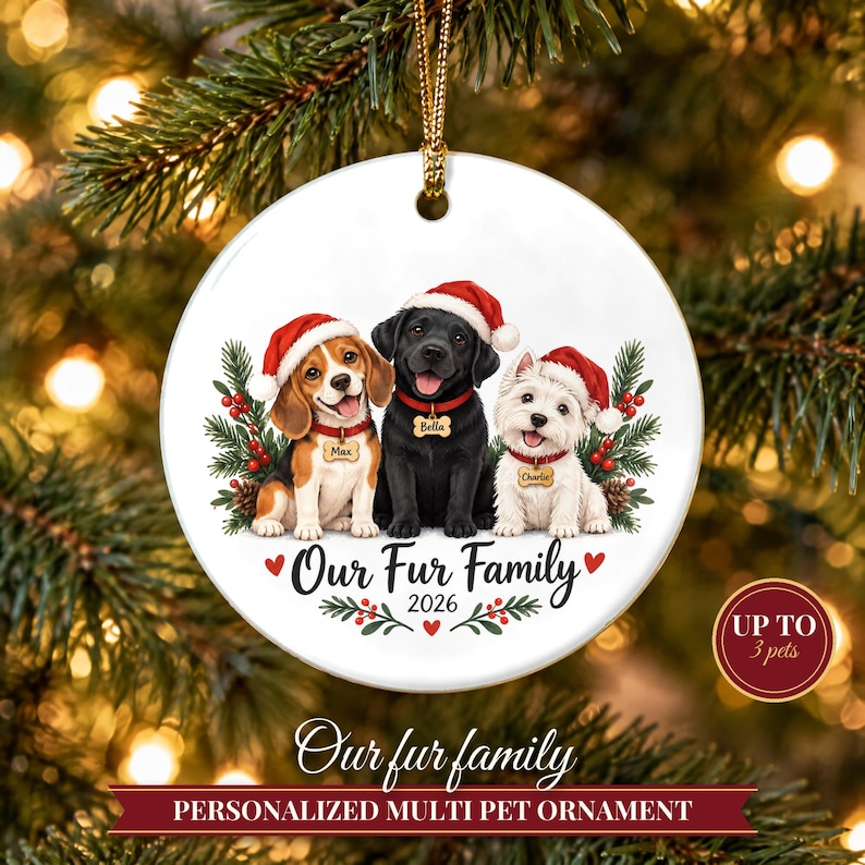 Dog Ornament 2026, Three Dogs in Santa Hats Christmas Ornament with Names, Dog Mom Gift, Dog Lover Gift, Multiple Pets Keepsake image 1