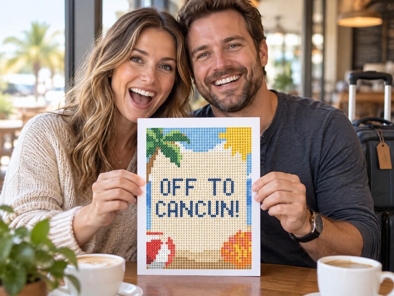 May include: A rectangular diamond painting craft project featuring a beach scene with a palm tree, a yellow sun, and a red and white beach ball. The center of the artwork displays the text OFF TO CANCUN! in dark blue letters against a light background.