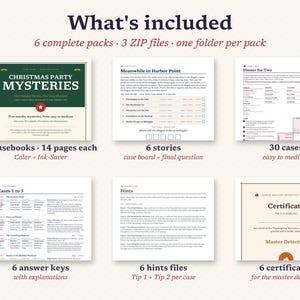 May include: A digital mystery game kit titled Christmas Party Mysteries, featuring six complete packs in three ZIP files. Includes six 14-page casebooks, six story boards with final questions, 30 cases, six answer keys with explanations, six hint files, and six Master Detective certificates.