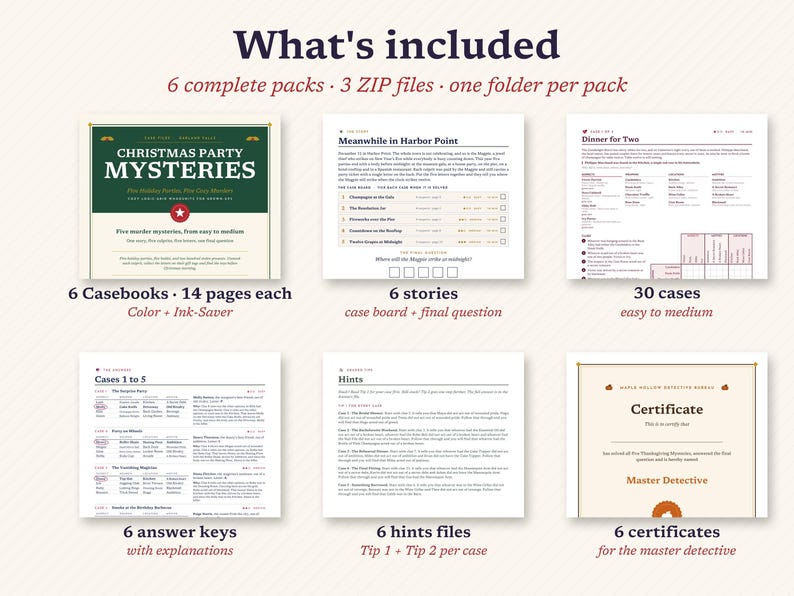 May include: A digital mystery game kit titled Christmas Party Mysteries, featuring six complete packs in three ZIP files. Includes six 14-page casebooks, six story boards with final questions, 30 cases, six answer keys with explanations, six hint files, and six Master Detective certificates.