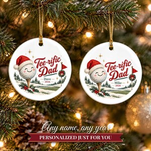 Adorno navideño de golf 2026, regalo para papá amante del golf, recuerdo personalizado con nombre de golfista excepcional, decoración de árbol de cerámica con gorro de Papá Noel y pelota sobre un tee. imagen 9