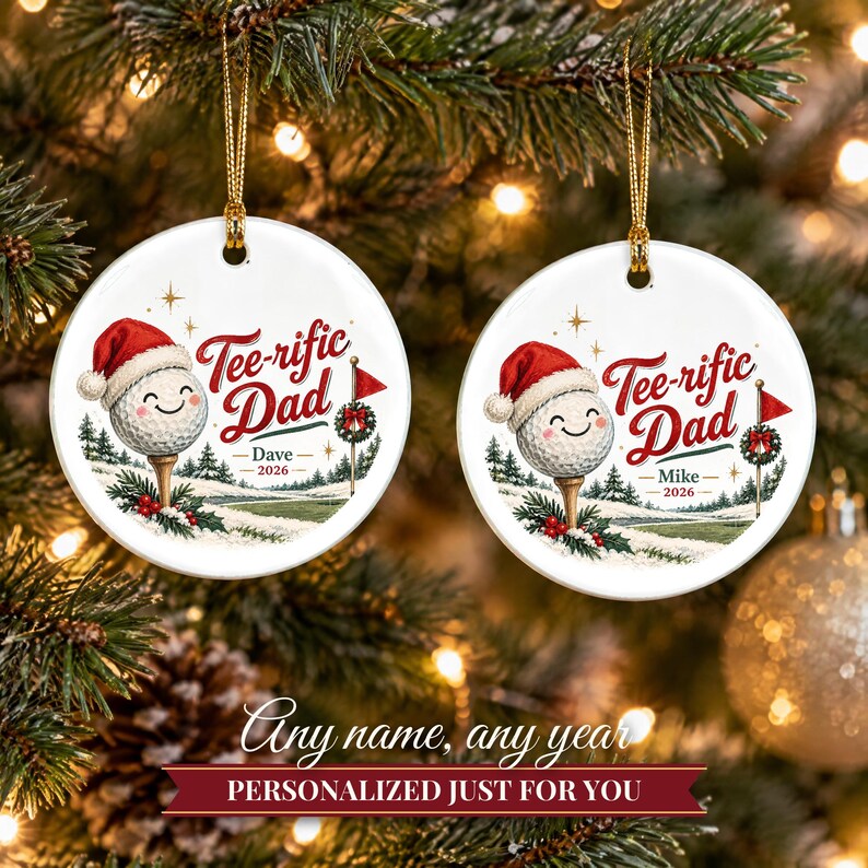 Adorno navideño de golf 2026, regalo para papá amante del golf, recuerdo personalizado con nombre de golfista excepcional, decoración de árbol de cerámica con gorro de Papá Noel y pelota sobre un tee. imagen 9