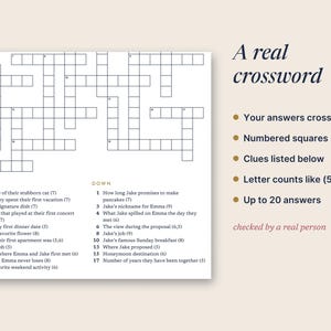 May include: A crossword puzzle sheet with a grid of numbered squares and a list of clues labeled Across and Down. The text reads A real crossword, Your answers cross, Numbered squares, Clues listed below, Letter counts like (5,6), Up to 20 answers, checked by a real person.