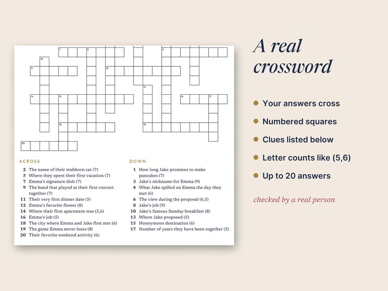 May include: A crossword puzzle sheet with a grid of numbered squares and a list of clues labeled Across and Down. The text reads A real crossword, Your answers cross, Numbered squares, Clues listed below, Letter counts like (5,6), Up to 20 answers, checked by a real person.