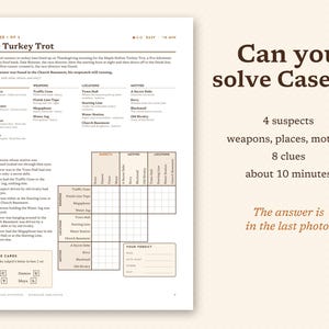 May include: A printed game sheet titled Case 1 of 5 The Turkey Trot, featuring a mystery scenario with suspects, weapons, locations, motives, and eight clues. The page includes a logic grid for solving the crime and a section for the final verdict.