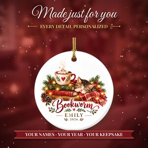 Book Lover Ornament Christmas 2026, Bookworm Gift for Readers, Custom Name Keepsake, Cozy Books Cocoa Kitten Ceramic Tree Decor image 2