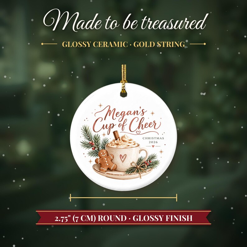 Coffee Lover Gift Christmas Ornament 2026, Latte Cup of Cheer Custom Name Keepsake, Gingerbread Cookie Barista Ceramic Tree Decor for Her image 5