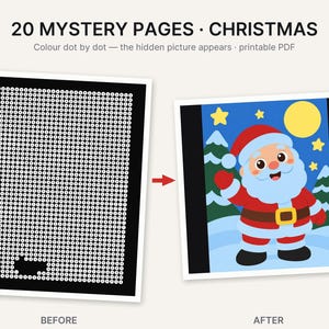 May include: A set of 20 mystery pages for Christmas featuring a dot-by-dot coloring activity. The image shows a before state with a black grid of numbered dots and an after state displaying a colorful illustration of Santa Claus in a winter scene.