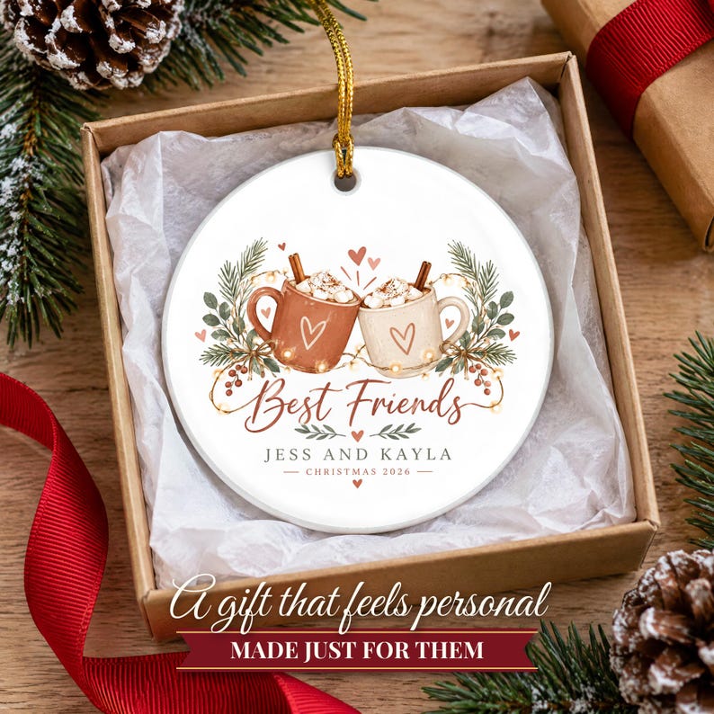 Best Friend Ornament Christmas 2026, Friendship Gift for Her, Besties Two Names Keepsake, Hot Cocoa Mugs Soul Sister Ceramic Tree Decor image 6
