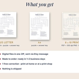 May include: Three digital crossword puzzle templates titled What you get, including a US Letter 8.5 x 11 inch version, an A4 version, and an 8 x 10 inch print version. Each features the names Emily & James, a grid, and clues for a wedding event.