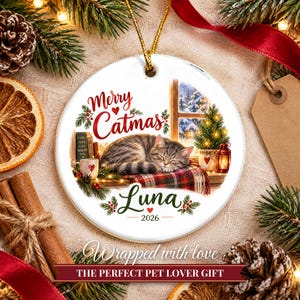 Cat Ornament, Merry Catmas Christmas Ornament with Name, Cat Lover Gift, Cat Mom Gift 2026, Custom Ceramic Pet Keepsake for Her image 10