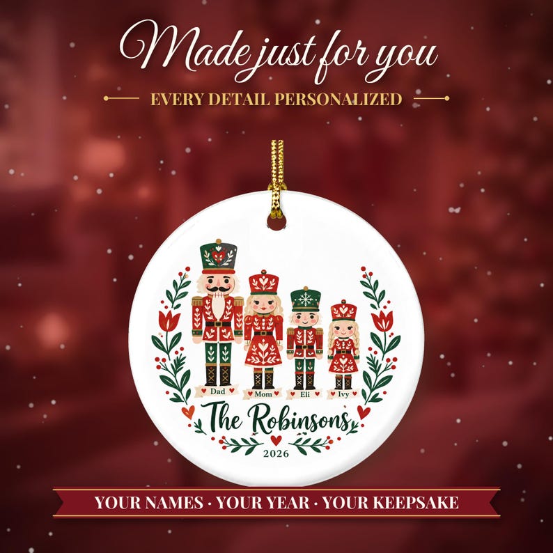Nutcracker Ornament Christmas 2026, Family of Four Name Keepsake, Custom Nutcracker Family Gift, Toy Soldier Ceramic Tree Decor for Mom image 2