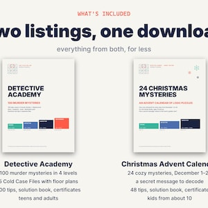 May include: A digital download bundle featuring two game sets: Detective Academy with 100 murder mysteries in 4 levels, and 24 Christmas Mysteries, an advent calendar of logic puzzles. Both include solution books, tips, and certificates.