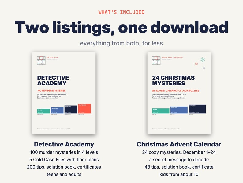 May include: A digital download bundle featuring two game sets: Detective Academy with 100 murder mysteries in 4 levels, and 24 Christmas Mysteries, an advent calendar of logic puzzles. Both include solution books, tips, and certificates.