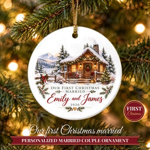 First Christmas Married Ornament 2026, Winter Cabin Mr and Mrs Keepsake, Newlywed Gift for Couple, Custom Wedding Ornament image 1