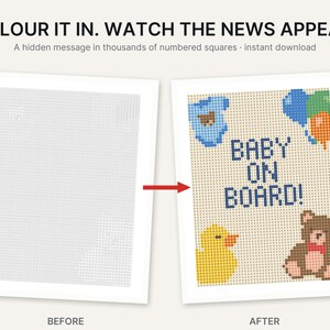 May include: A color-by-number activity sheet featuring the text COLOUR IT IN. WATCH THE NEWS APPEAR. A hidden message in thousands of numbered squares. The before image shows a grid of numbers, while the after image displays BABY ON BOARD! with a blue onesie, balloons, a yellow duck, and a brown teddy bear.
