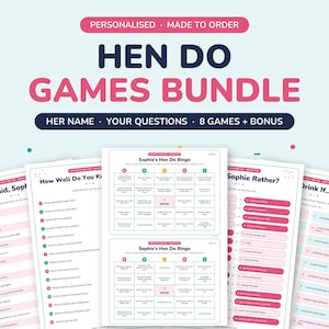 Puede incluir: Un paquete personalizado de juegos para despedida de soltera con ocho hojas de actividades imprimibles con texto en rosa y azul oscuro. La colección incluye cartones de bingo, listas de preguntas y juegos interactivos como "Drink If".