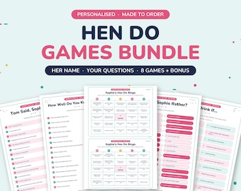 May include: A personalized hen do games bundle featuring eight printable activity sheets with pink and dark blue text. The collection includes bingo cards, question lists, and interactive prompts like "How Well Do You Know" and "Drink If" games.