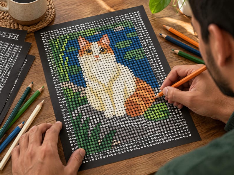 May include: A paint-by-number kit featuring a cat illustration on a black background with a grid of numbered circles. The design includes a white and orange cat surrounded by green foliage and blue water elements, with colored pencils nearby.