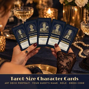 May include: Five rectangular tarot-sized character cards with dark blue backgrounds, gold borders, and art deco style illustrations of people. Each card features a name, a role, and descriptive text. The cards are held in two hands against a dark setting.