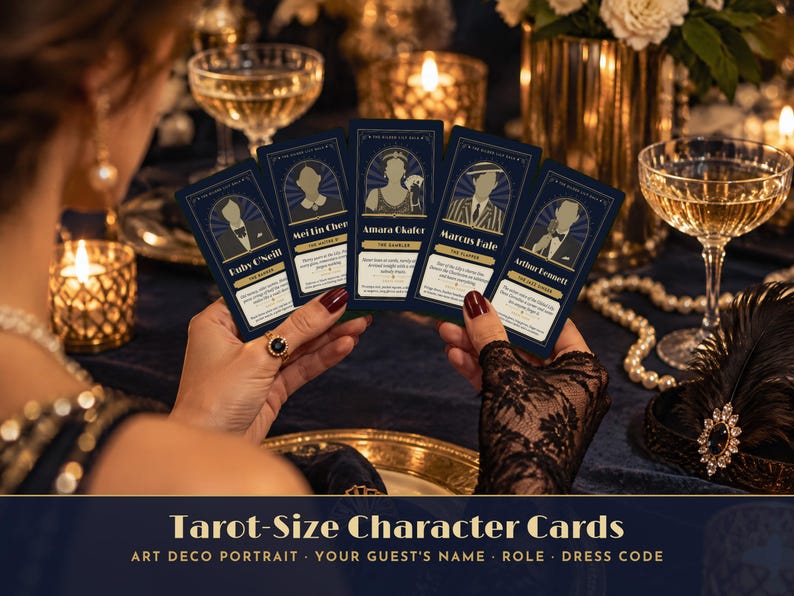 May include: Five rectangular tarot-sized character cards with dark blue backgrounds, gold borders, and art deco style illustrations of people. Each card features a name, a role, and descriptive text. The cards are held in two hands against a dark setting.