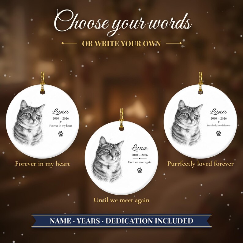 Personalized Cat Memorial Ornament from Photo, Custom Cat Portrait Sketch, Cat Memorial Gift, Pet Loss Gift, Cat Sympathy Keepsake zdjęcie 6