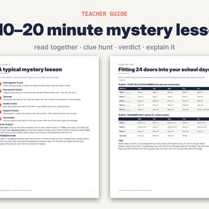 May include: A two-page teacher guide titled A 10-20 minute mystery lesson. The left page outlines a typical mystery lesson with steps like read together, clue hunt, and verdict. The right page provides a schedule for fitting 24 doors into school days.