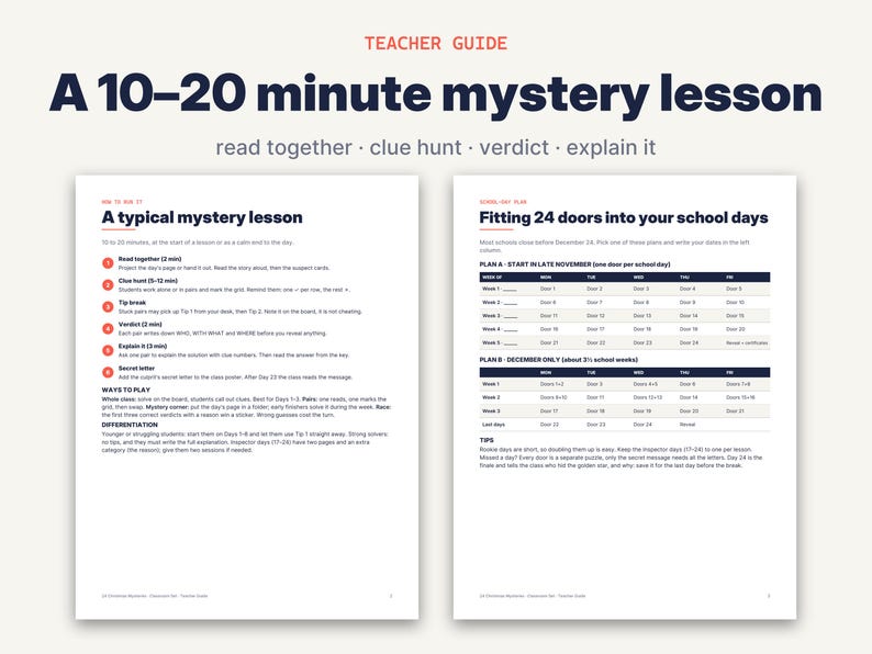May include: A two-page teacher guide titled A 10-20 minute mystery lesson. The left page outlines a typical mystery lesson with steps like read together, clue hunt, and verdict. The right page provides a schedule for fitting 24 doors into school days.