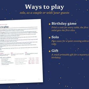 May include: A white instructional document titled Ways to play with dark blue background featuring gold speckles. The text outlines game rules, including sections for Birthday game, Solo, and Gift, plus a list of five mystery cases with difficulty levels and estimated play times.