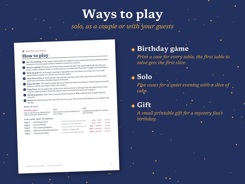 May include: A white instructional document titled Ways to play with dark blue background featuring gold speckles. The text outlines game rules, including sections for Birthday game, Solo, and Gift, plus a list of five mystery cases with difficulty levels and estimated play times.