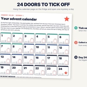 May include: A white paper advent calendar titled Your advent calendar with 24 numbered doors, each featuring a space for a letter and a solved checkbox. The text includes instructions for a mystery game in Snowberry Hollow and a secret message section.