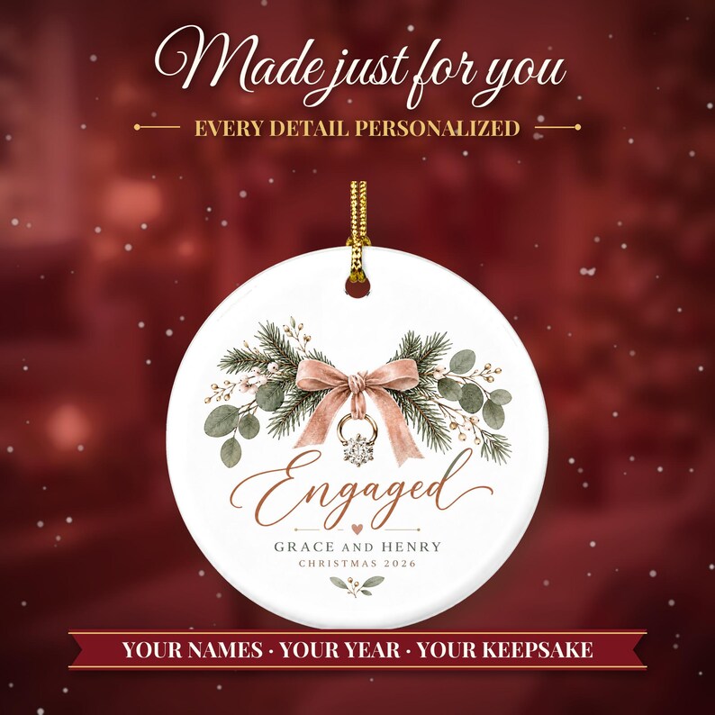 Adorno de compromiso 2026, adorno navideño de compromiso con nombres, recuerdo de anillo de diamantes, regalo de compromiso para la pareja, futura novia. imagen 2