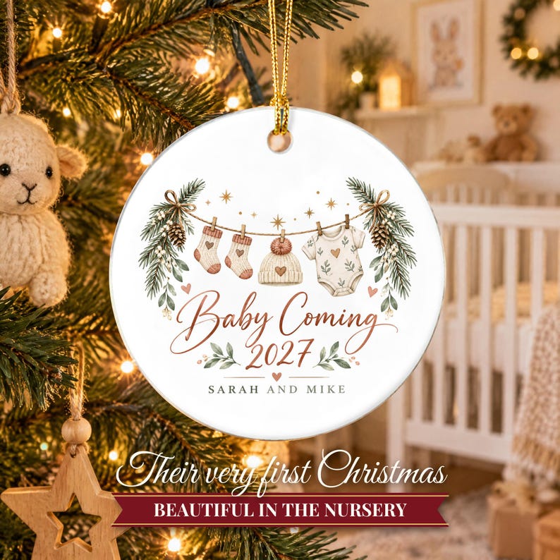 Pregnancy Announcement Ornament, Baby Coming 2027 Christmas Reveal, Expecting Parents Gift, Baby on the Way Keepsake with Name image 10