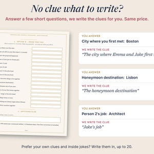 May include: A questionnaire document with the title Personalized Wedding Crossword Questionnaire, featuring sixteen numbered lines for input. To the right, three white boxes display examples of user answers and written clues for a wedding crossword puzzle.
