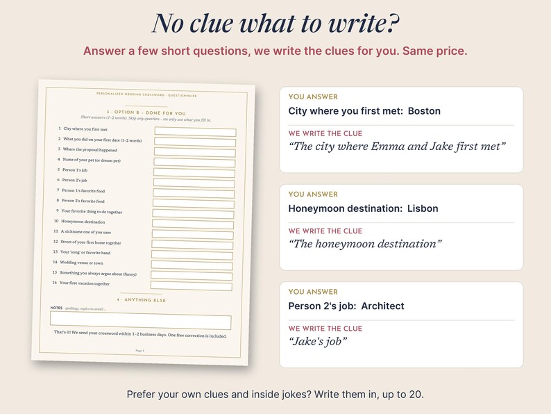 May include: A questionnaire document with the title Personalized Wedding Crossword Questionnaire, featuring sixteen numbered lines for input. To the right, three white boxes display examples of user answers and written clues for a wedding crossword puzzle.