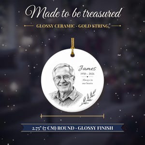 Custom Photo Memorial Christmas Ornament, Hand Drawn Portrait Sketch, In Loving Memory Keepsake, Loss of Loved One, Sympathy Gift zdjęcie 8
