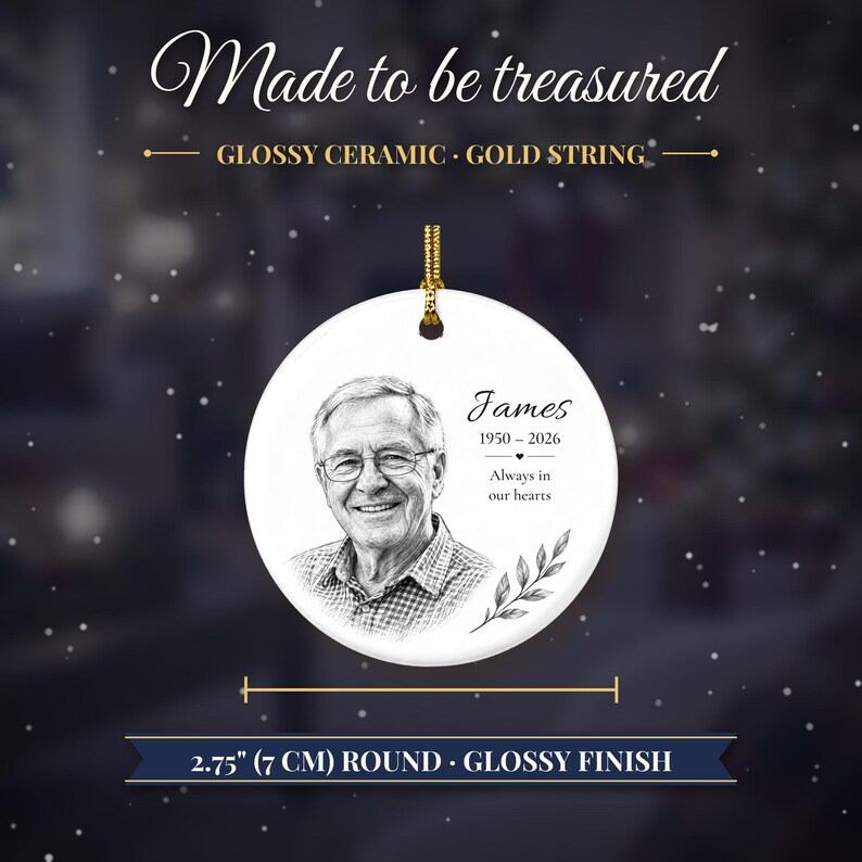 Custom Photo Memorial Christmas Ornament, Hand Drawn Portrait Sketch, In Loving Memory Keepsake, Loss of Loved One, Sympathy Gift zdjęcie 8