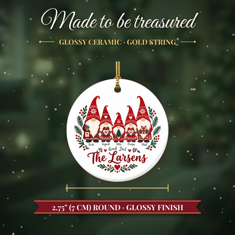 Gnome Family Ornament Christmas 2026, Scandinavian Tomte Family of Five Names Keepsake, Nordic Gnomes Custom Gift, Ceramic Tree Decor image 5