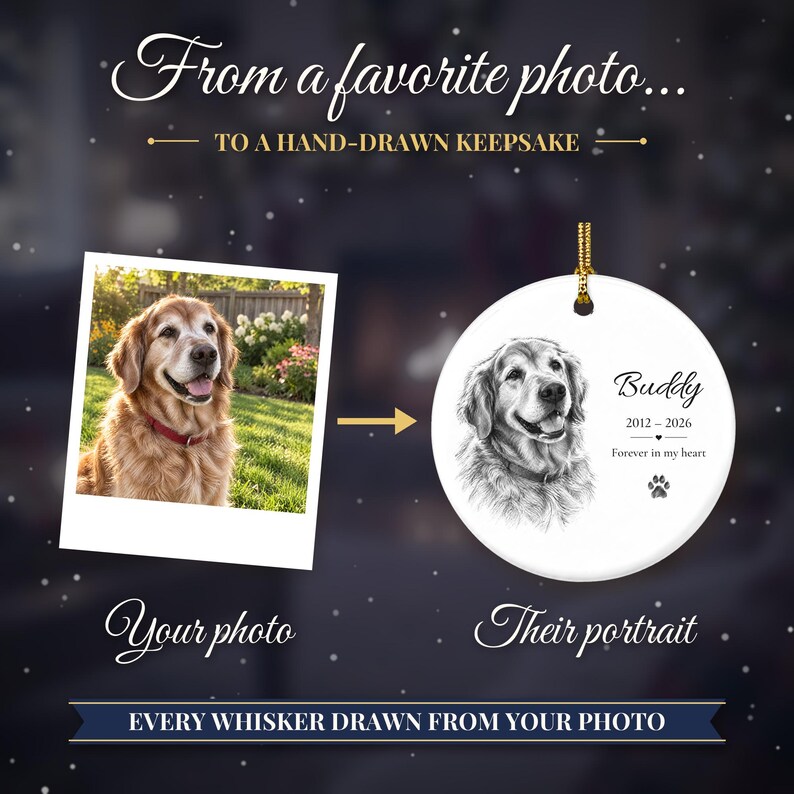 Personalized Pet Memorial Ornament from Photo, Custom Dog Portrait Sketch, Dog Memorial Gift, Pet Loss Gift, Dog Sympathy Keepsake image 2