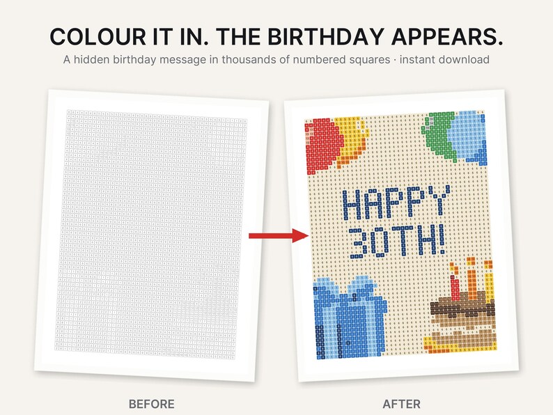 Puede incluir: Una hoja de actividades con cuadr&iacute;cula numerada y el texto COLOUR IT IN. THE BIRTHDAY APPEARS. Un mensaje de cumplea&ntilde;os oculto en miles de cuadrados numerados. La imagen antes muestra una cuadr&iacute;cula vac&iacute;a, la imagen despu&eacute;s muestra HAPPY 30TH! con globos, un regalo y un pastel.