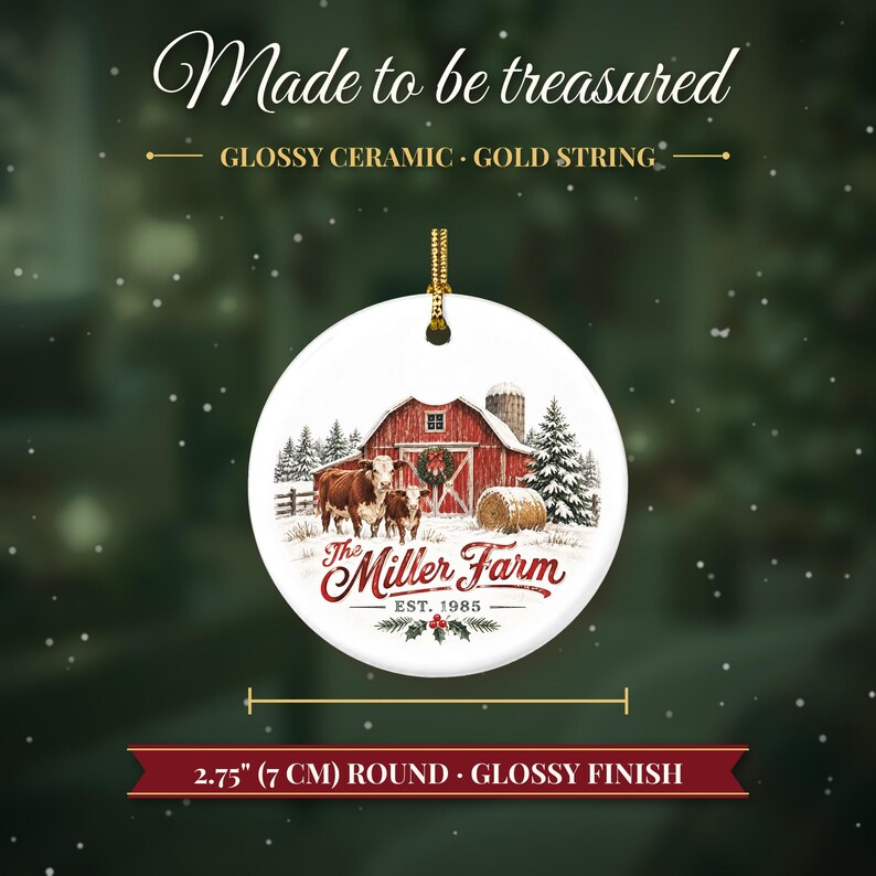 Farm Ornament Christmas 2026, Red Barn Family Name Est Keepsake, Farmhouse Cows Hay Bale Country Decor, Farmer Gift Ceramic Ornament image 5