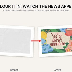 May include: A numbered grid activity sheet showing a before and after state. The after image displays the text YOU'LL BE A GREAT GRANDMA surrounded by illustrations of yarn, a teacup, and flowers in red, yellow, blue, and green colors.