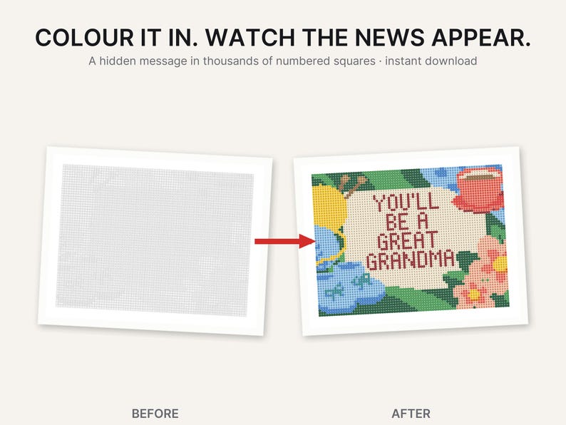 May include: A numbered grid activity sheet showing a before and after state. The after image displays the text YOU'LL BE A GREAT GRANDMA surrounded by illustrations of yarn, a teacup, and flowers in red, yellow, blue, and green colors.