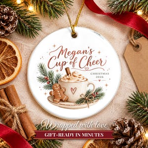 Coffee Lover Gift Christmas Ornament 2026, Latte Cup of Cheer Custom Name Keepsake, Gingerbread Cookie Barista Ceramic Tree Decor for Her image 10