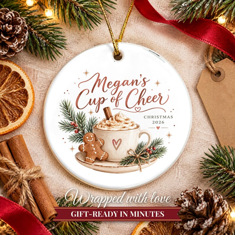 Coffee Lover Gift Christmas Ornament 2026, Latte Cup of Cheer Custom Name Keepsake, Gingerbread Cookie Barista Ceramic Tree Decor for Her image 10
